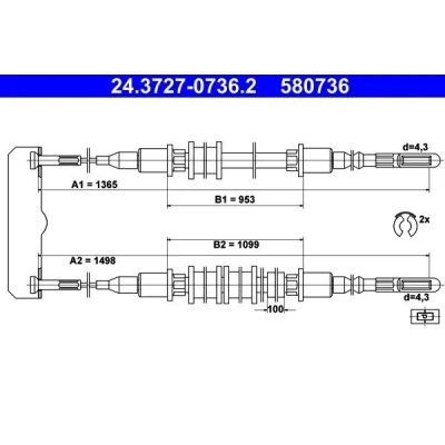 Abbildung von ATE 24.3727 0736.2 Handbremsseil 1365, 1498 mit Zubehör OPEL: Calibra A, Vectra A Limousine, CC