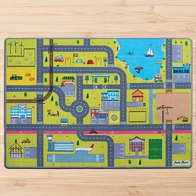 Abbildung von Feeti Floor® Moderner Spielteppich Straße Kinder 1,0 x 1,5 m Öko Tex 100 rutschfest &amp; geruchsneutral Waschbarer Kinderteppich Autos Autoteppich Sicherer Kinderzimmer