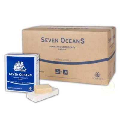 Abbildung von Emergency Food Seven Oceans XXL NOTFALLNAHRUNG [24 x 500g] Energiereiche Notration mit Vitaminen Extrem lang haltbare Einheiten Survival
