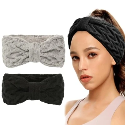 Abbildung von Roysmart Stirnband Damen Winter, 2 Stück Stirnbänder Strick, Winter Gefüttert Fleece Haarband, Elastische Kopfband Gestrickte Headband Frauen Haarreifen Strick Headwrap (Schwarz + Grau)
