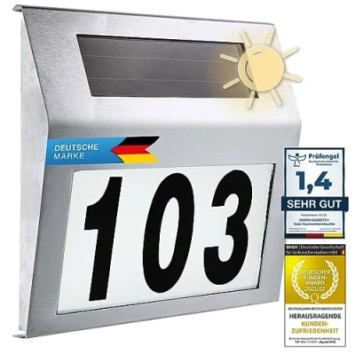 Abbildung von Solar Hausnummernleuchte beleuchtete Hausnummer mit LED Beleuchtung aus Edelstahl IP44 (Standard)