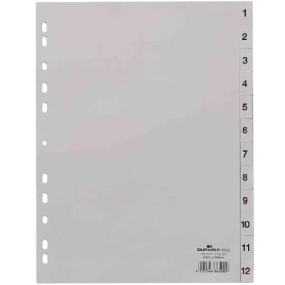 Abbildung von Durable 651210 Zahlenregister (Din A4, geprägte Taben 1 12, PP volldeckend) Stück, grau
