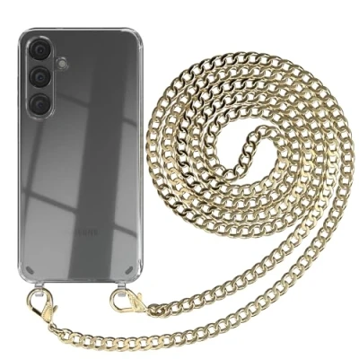Abbildung von EAZY CASE Handykette kompatibel mit Samsung Galaxy S24 Plus Handyhülle Metall Umhängeband und Ersatz Kordel schwarz, Handykordel Schutzhülle, Kette Smartphone Hülle, Gold