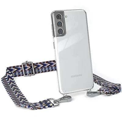 Abbildung von EAZY CASE Handykette Flexibler Trageriemen kompatibel mit Samsung Galaxy S21 5G, Schultergurt zum Umhängen, Riemen, Band austauschen, Wechselgurt, Blau/Weiß Metall Silber