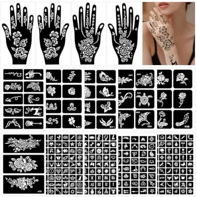 Abbildung von Henna Schablone Set, 247 Stück TemporäRe Tattoo Schablonen, 14 Blätter Kinder &amp; Erwachsene Schablonen FüR Frauen MäDchen Teens Face Paint Body Art