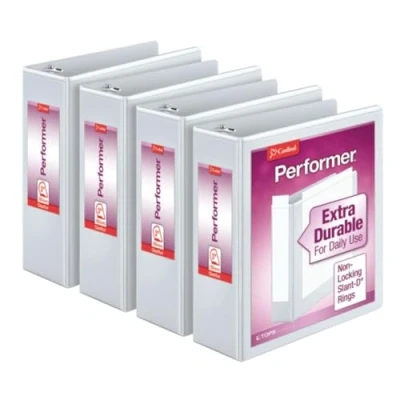 Abbildung von Cardinal Performer 27600 3 Ring Ordner, 7,6 cm, nicht verschließbare schräge D Ringe, Kapazität 725 Blatt, ClearVue Präsentation, Antihaftbeschichtung, PVC frei, weiß, 4er Pack