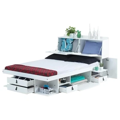 Abbildung von Bett mit Stauraum 160x200 + Funktions Kopfteil Lattenrost: Set Bali Weiss. Doppelbett und aus MDF Weiss lackiert viel Bettkasten, ideal f. kleine Schlafzimmer