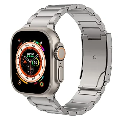 Abbildung von MoKo Titan Armband Kompatibel mit Apple Watch Ultra2 49mm 46mm 45mm 44mm 42mm,Metall Ersatzarmband Uhrenarmband Doppeldruckknopfschließe für iWatch Ultra SE2 SE Series 10 9 8 7 6 5 4 3 2 1,Silber