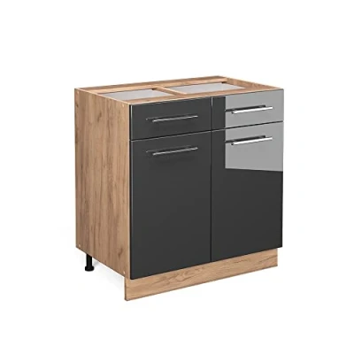 Abbildung von Vicco Küchenunterschrank Fame Line, Anthrazit Hochglanz/Goldkraft Eiche, 80 cm mit Schubladen, ohne Arbeitsplatte