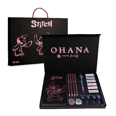 Abbildung von Disney Stitch Schreibwaren Set, Notizbuch Federmäppchen &amp; Kugelschreiber Set oder Malblock, Buntstifte Schule Zubehör (Schwarz Kunst Set)