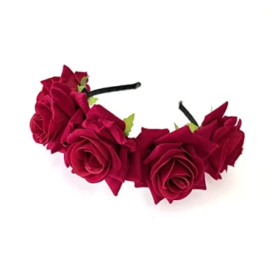 Abbildung von JZK Rot Rose Headpiece Damen Mädchen Garland Blumen Krone Kranz Tiara Haarreif Haarband Kopfband Blumenstirnband für Hochzeit Braut Brautjungfer Party Festival etc.