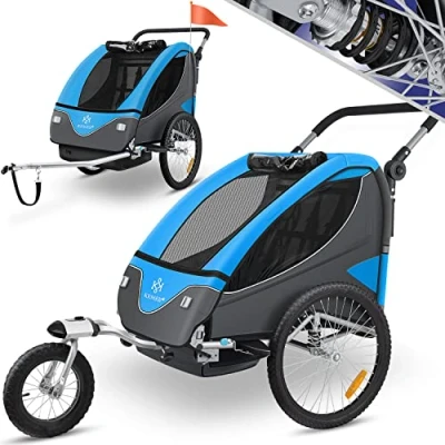 Abbildung von KESSER® Kinderanhänger Fahrradanhänger 360 Drehbar mit Federung 2in1 Joggerfunktion Kinderfahrradanhänger + 5 Punkt Gurt Jogger Fahrrad Anhänger für 1 bis 2 Kinder max. 40kg Blau