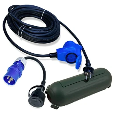 Abbildung von CEE Adapterleitung Set 10m Winkelkupplung an Schuko Stecker + Adapter Kabel u. Schutzbox grün H07RN F 3x2,5mm² 230V 16A Stromadapter Camping für Wohnmobil Wohnwagen Boot