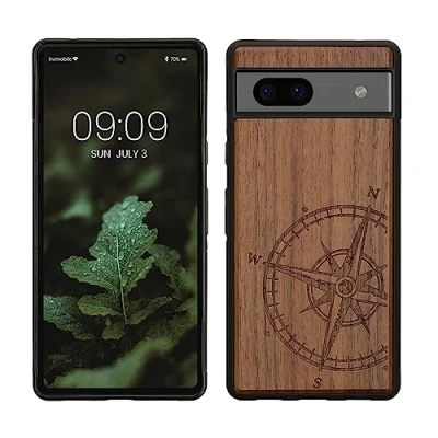 Abbildung von kwmobile Hülle kompatibel mit Google Pixel 7a Holz Case Handy Cover TPU Handyhülle in Dunkelbraun Kompass Vintage