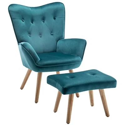 Abbildung von HollyHOME Sessel mit Hocker Wohnzimmer Relaxsessel, Polsterstuhl Samtstoff Lesesessel Ohrensessel Lesestuhl für Schlafzimmer Lounge Sessel, Pfauengrün