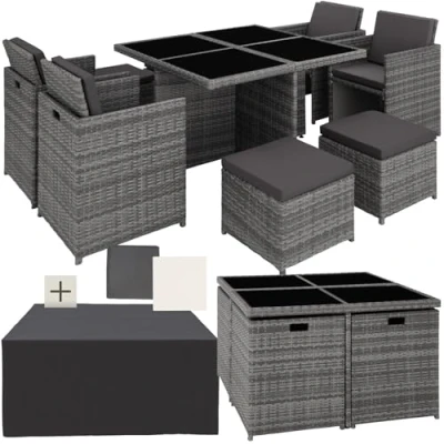 Abbildung von tectake® Lounge Möbel Set 4X Stühle, Hocker, 1x Tisch, platzsparende Cube Aufbewahrung, Outdoor Rattan Gartenmöbel für Balkon, Garten und Terrasse, mit Abdeckung Wechselbezügen grau