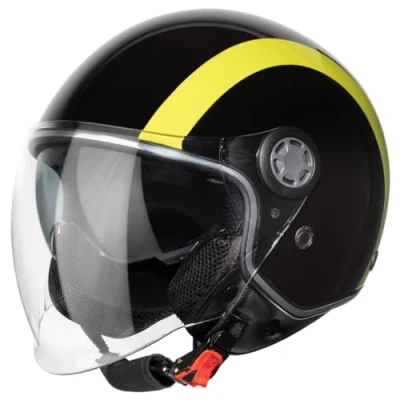 Abbildung von VINZ Jungbu Jethelm mit Doppelvisier Roller Helm Fashionhelm Streifen In Gr. XS XXL Jet Sonnenblende ECE 22.06 Zertifiziert Motorradhelm Visier Gelb
