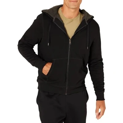 Abbildung von Amazon Essentials Herren Hoodie mit Sherpa Futter und durchgehendem Reißverschluss, Schwarz, S