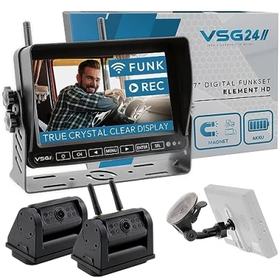 Abbildung von VSG24 7“ Element HD 2 Kameras Funk Rückfahrsystem Akku Magnet für Wohnmobil &amp; LKW, KFZ Set kabellos inkl. Rückfahrkamera + Monitor, DIY Nachrüstung 12V 24V, Kamera digital, Auto Rückspiegel