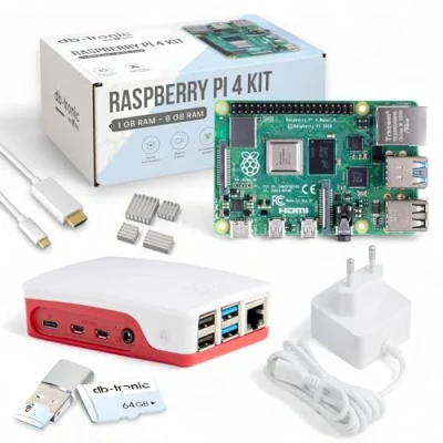 Abbildung von Raspberry Pi 4 8GB Starter Kit USB C Netzteil 15W Gehäuse 64GB SD Karte 4k Micro HDMI Kabel Kühlkörper Set