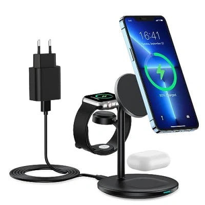 Abbildung von 3 in 1 Magsafe Ladegerät, Induktive Ladestation Kompatibel mit iPhone 15/14/13/12 Serie, Wireless Charger für Apple Watch Ultra/8/7/6/5/4/3/2,AirPods