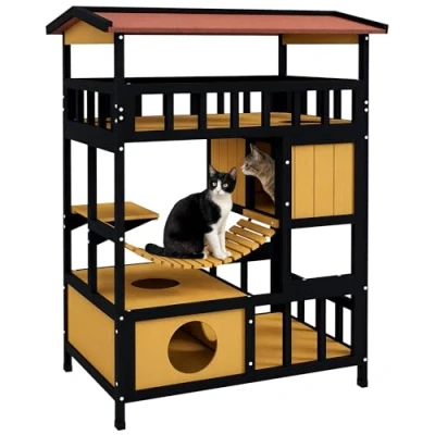 Abbildung von PawHut Tierhöhle Katzenhaus aus Holz Katzenhöhle mit Plattformen, Hängebrück, für bis zu 2 Katzen, Innen und Außenbereich, Gelb