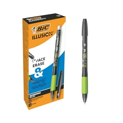 Abbildung von BIC Illusion radierbare und nachfüllbare Kugelschreiber, mittlere Spitze (0,7 mm), Schwarz, 12 Stück