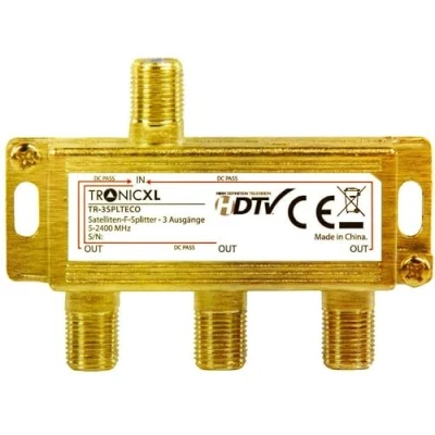Abbildung von TronicXL 3 Fach SAT Splitter I 24k Gold Antennenverteiler F Stecker DC Durchlass für Vodafone TV Kabelfernsehen DVB C BK T2 Kabel Unicable Verteiler Full HD tauglich 3D 4K digital Weiche
