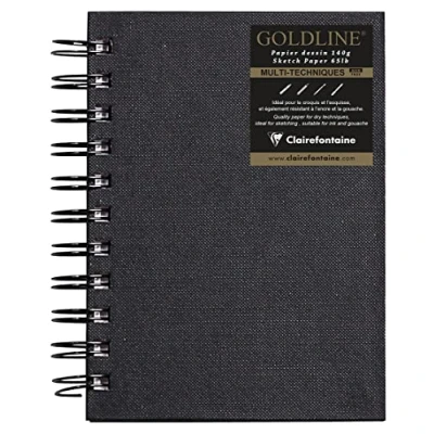 Abbildung von Clairefontaine 34258C Spiralbuch / Kladde Goldline mit 32 Blatt Zeichenpapier 140g Weiß, DIN A6 10,5x14,8 cm, Hochformat, Hardcover Leinenoptik, Schwarz, 1 Stück