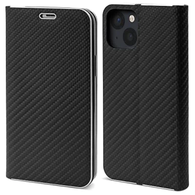 Abbildung von Moozy Hülle für iPhone 13, Schwarz Carbon Metallischer Kantenschutz Klapphülle Handyhülle mit Kartenfach und Standfunktion