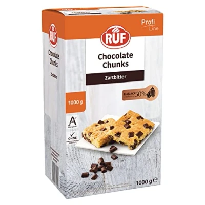 Abbildung von RUF Chocolate Chunks Zartbitter, backfeste, dunkle Schokoladen Tropfen, XXL Schoko Drops zum Backen, vegane Stücke, glutenfrei, Großpackung 1x1000g