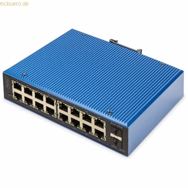 Abbildung von DIGITUS PoE Netzwerk Switch 18 Port Gigabit Ethernet 16x RJ45 + 2X SFP IP40 L2 Managed 10/100/1000 Mbit/s Hutschienenmontage Industrial Serie schwarz/blau