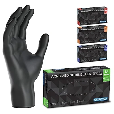 Abbildung von ARNOMED Einweghandschuhe Schwarz Extra Stark, Einmalhandschuhe M, 50% dickere Nitrilhandschuhe, 100 Stk./Box, Handschuhe Einweg puderfrei, latexfreie Gummihandschuhe, in S, L &amp; XL