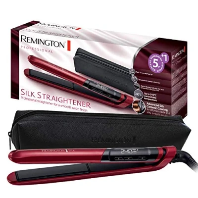 Abbildung von Remington Glätteisen Silk (Doppelschicht Keramikbeschichtung mit Seidenproteinen für samtig glatte &amp; glänzende Haare) LCD Display, 150 235C, max. 30 Sek 240C, Haarglätter S9600