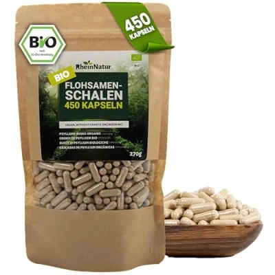 Abbildung von RheinNatur Bio Flohsamenschalen Kapseln 450 Stk hochdosiert (3.000 mg je Portion) Hergestellt in DE Psyllium Husk Ballaststoffe Flohsamen Unterstützt die Verdauung