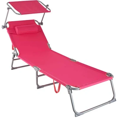 Abbildung von tectake® Sonnenliege mit Dach, Strandliege klappbar, leichte Gartenliege, Outdoor Liegestuhl Verstellbarer Rückenlehne, inkl. Kopfkissen ideal für Balkon, Terrasse, Camping, Strand pink