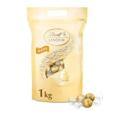 Abbildung von Lindt LINDOR Schokoladen Kugeln weiß ca. 80 mit zartschmelzender Füllung Großpackung, Pralinen Geschenk, Schokoladengeschenk, 1kg