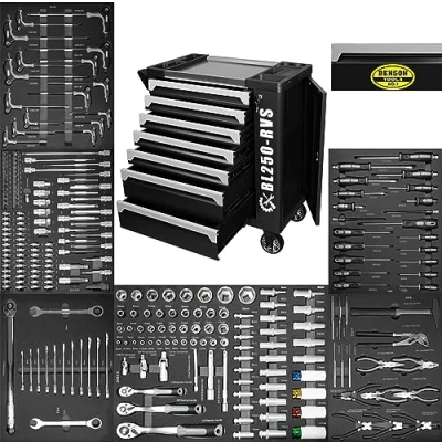 Abbildung von Benson Tools XXXL Werkzeugwagen RVS Premium gefüllt Schaumeinlagen Werkstattwagen