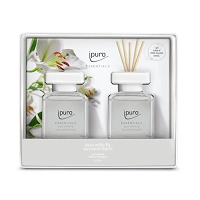 Abbildung von ipuro Essentials Raumduft WHITE LILY 2x50ml Raumerfrischer mit Pfirsich, Maiglöckchen, Jasmin, Nelke, weißem Moschus &amp; Zedernholz Duft Aroma Diffuser Stäbchen Lufterfrischer für Wohnung