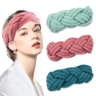 Abbildung von 3 Stück Winter Stirnband Damen Stirnbänder, Gestrickte Verdicken Haarband, Kopfband Haarband Elastische Haarreife Ohr Wärmer, Warmes Stirnbänder für Frauen Mädchen(Dunkelgrün, Hellgrün, Rosa)