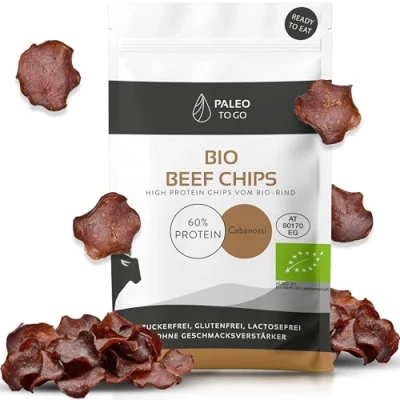 Abbildung von PALEO TO GO Beef Chips [100% BIO] 60% High Protein Bio Rindfleisch [Made in Austria] ohne Konservierungsstoffe Jerky Snack Trockenfleisch 8x 20g Fleisch Snacks
