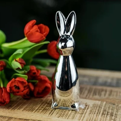 Abbildung von Keramik Osterdeko Hase stehend 5 x 18cm Silber Dekofigur Oster Dekoration Tisch Deko Osterhase