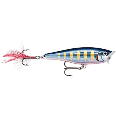 Abbildung von Rapala Unisex Adult Skitter Pop Angelköder Angelzubehör mit Balsaholz Süßwasser Spinnköder Lauftiefe Topwater Fischköder 5cm, 6g Hergestellt in Estland Striped Hot Blue, Standard