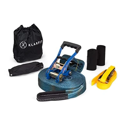 Abbildung von Klarfit Slackline, Slackline für Kinder &amp; Erwachsene, Set mit Übungsline, Ratsche, Seile Hilfs Baumschutz, 15m Zipline, 150kg Traglast, Ninja Warrior Inspirierte Trainingsgeräte