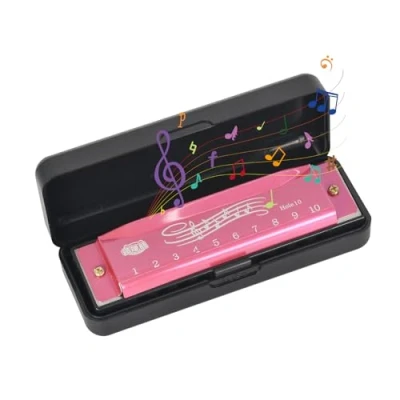 Abbildung von Mundharmonika 10 Loch C Dur Blues Mundharmonika, Diatonische Harmonika, Für Anfänger, Harpes Hervorragender Klang, Mit Etui, Profis, Anfänger (Rose)