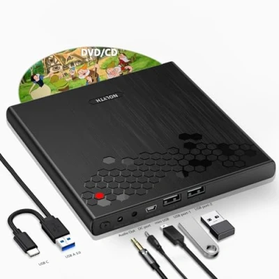 Abbildung von NOLYTH CD Laufwerk Extern USB, Externes DVD mit 1 Audio 2 USB Slots, Slot in Brenner Externe Optische Laufwerke für Laptop Mac Windows PC MacBook