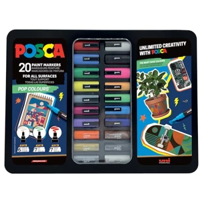 Abbildung von Uni Ball 186831 POSCA Marker Set, 20 Acrylstifte im Etui, Set Pop Colours, Spitze PWE5M 1,8 2,5 mm