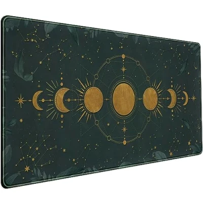 Abbildung von Dark Academia Mauspad Waldgrün XXL Schreibtischunterlage Gold Mondphasen Groß Erweitertes Gaming Laptop Tastatur und Schreibtischunterlage, rutschfeste Gummiunterseite mit genähten