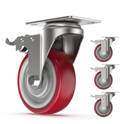 Abbildung von COOCHEER Set of 4 100 mm Lenkrollen, Lenkrollen mit Bremse, Rollen für Bett und Möbel, maximale Tragfähigkeit 400 kg,Hell Rot