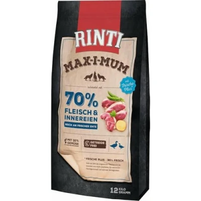 Abbildung von Rinti Max i Mum Trockenfutter für ausgewachsene Hunde mit 70% Fleisch &amp; Innereien. Getreidefreies Alleinfutter im Beutel ausgewogenem Protein /Fett Verhältnis 12kg Ente